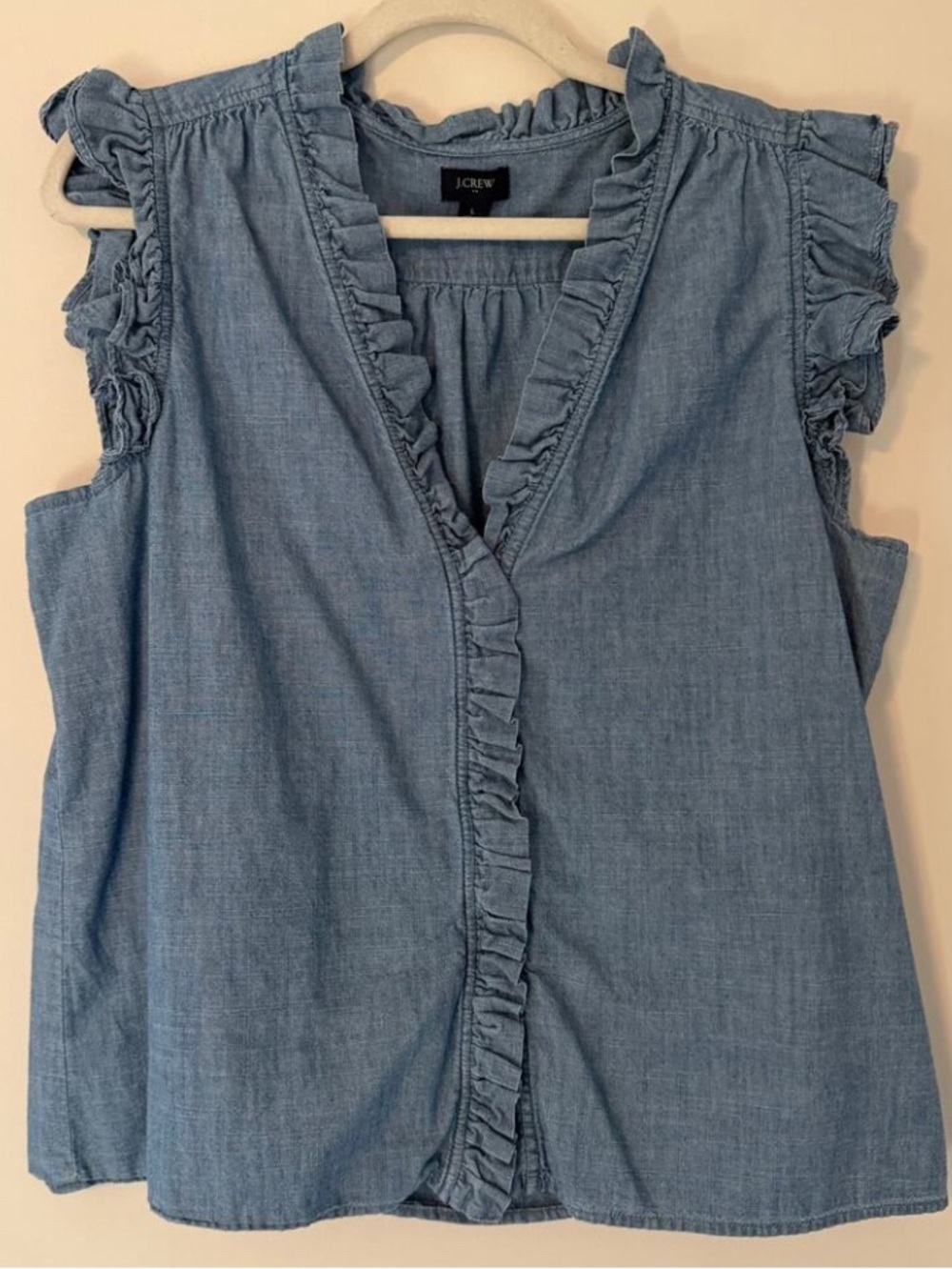 J Crew Factory Sleeve Ruffle Top for Women Denim Chambray Sleeveless Blouse Sz L